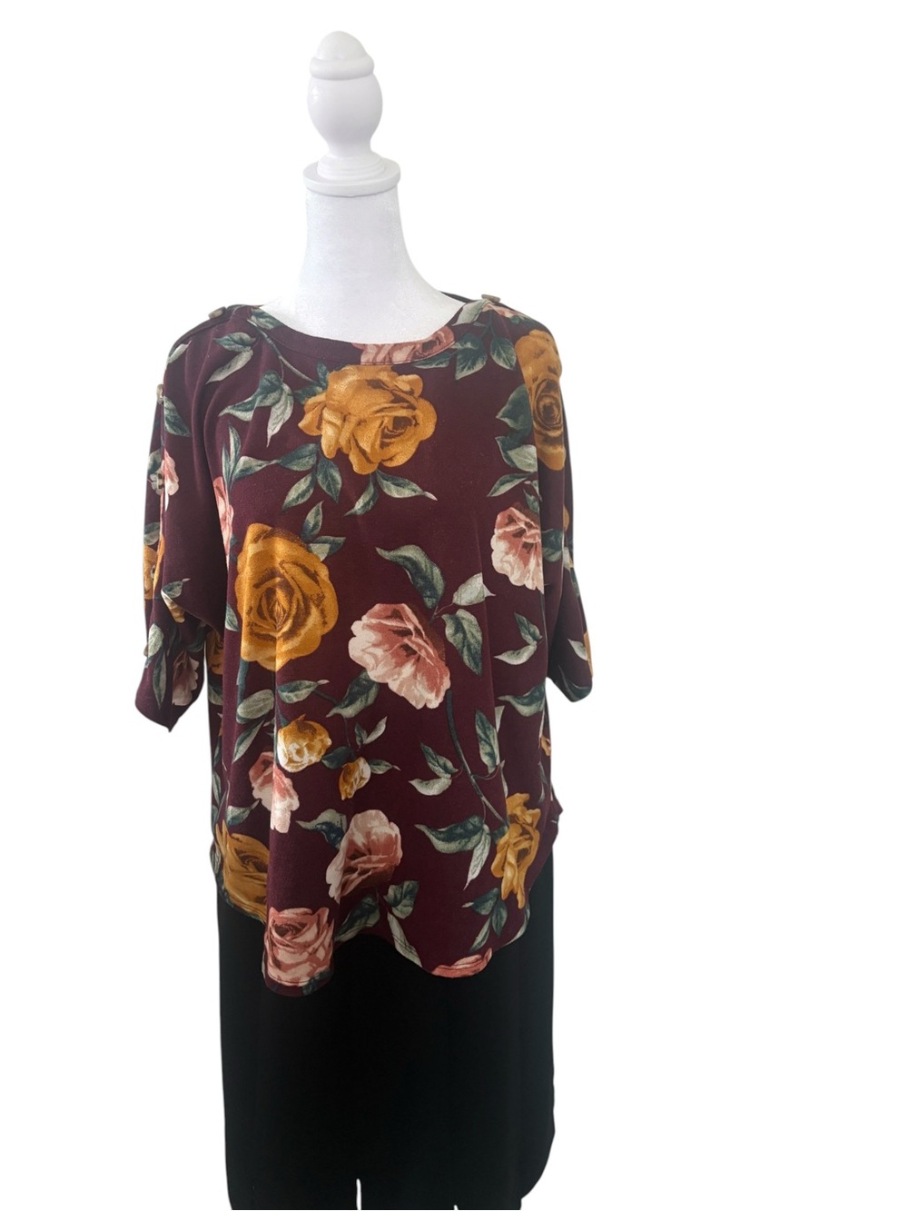 Kim & Cami Burgundy Floral Short Sleeve Blouse with Mustard Roses